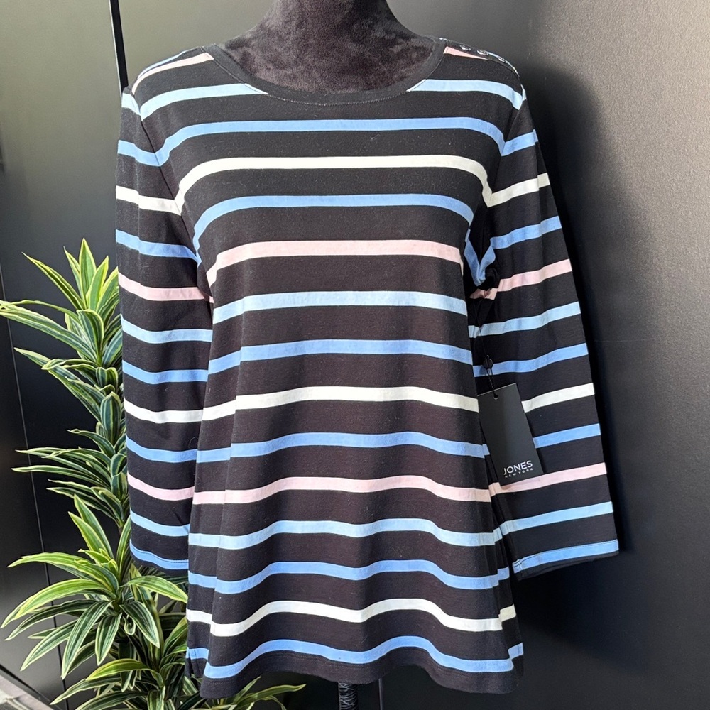 Jines NY Horizontal Stripe, boat neck,3/4 sleeve,hip length,side slits at hem